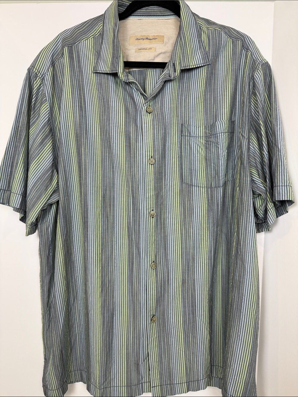 Tommy Bahama Men’s XL Silk Striped Button Down Grey Lime Green Original Fit EUC